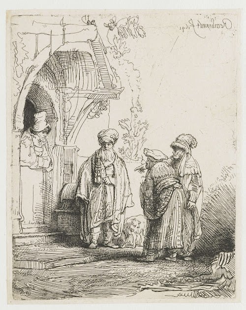 Dessin de Rembrandt, trois figures orientales conversent.