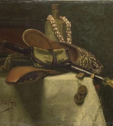 nature morte représentant des objets d'Orient, babouche, sabre et bijoux orientaux.