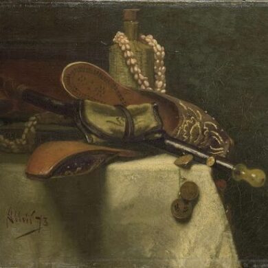 nature morte représentant des objets d'Orient, babouche, sabre et bijoux orientaux.