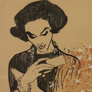 René Gruau, femme lisant un carton dinvitation