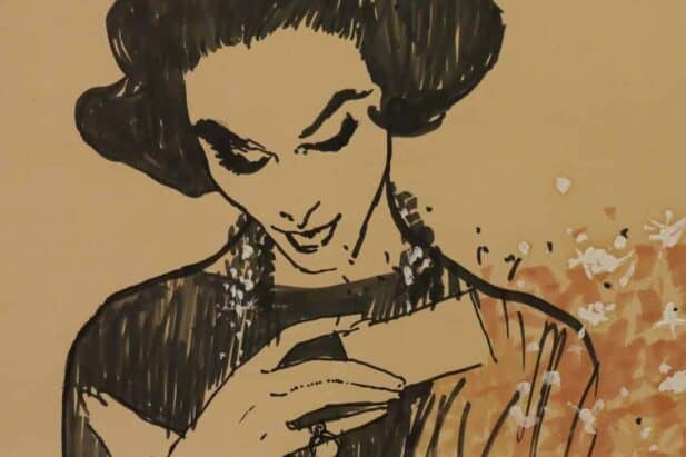 René Gruau, femme lisant un carton dinvitation