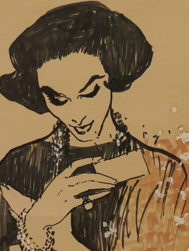 René Gruau, femme lisant un carton dinvitation