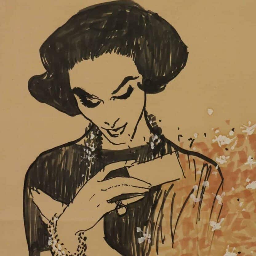 René Gruau, femme lisant un carton dinvitation