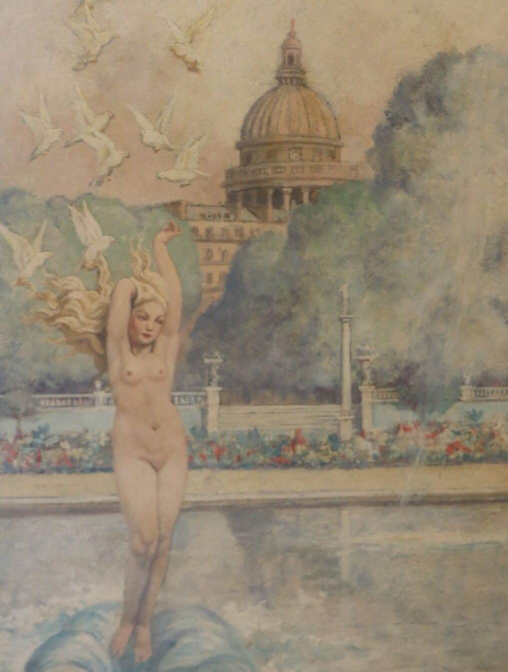 Vénus nue qui naît de la Seine, derrière elle s élève le Panthéon. Une ribambelle de colombes vole au dessus d elle.