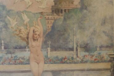 Vénus nue qui naît de la Seine, derrière elle s élève le Panthéon. Une ribambelle de colombes vole au dessus d elle.