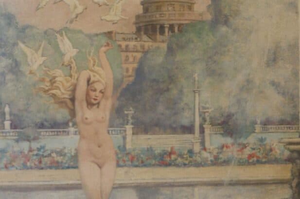 Vénus nue qui naît de la Seine, derrière elle s élève le Panthéon. Une ribambelle de colombes vole au dessus d elle.