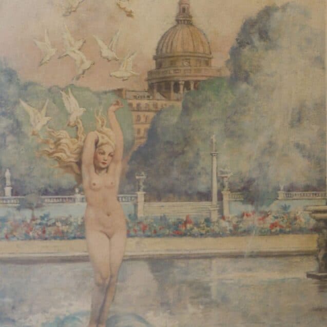 Vénus nue qui naît de la Seine, derrière elle s élève le Panthéon. Une ribambelle de colombes vole au dessus d elle.
