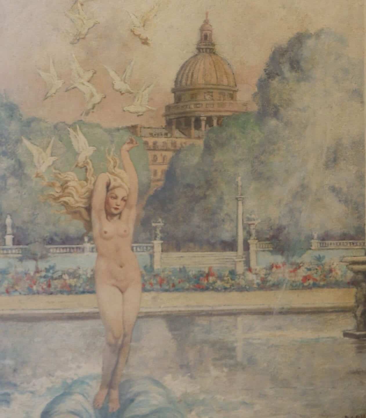 Vénus nue qui naît de la Seine, derrière elle s élève le Panthéon. Une ribambelle de colombes vole au dessus d elle.