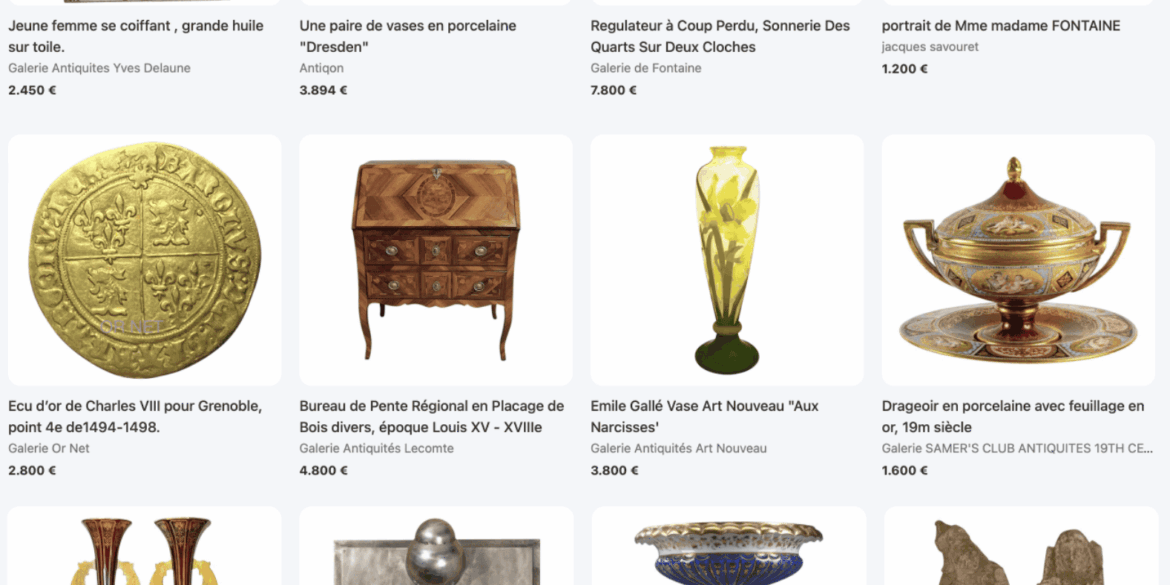 capture d'écran d'objets en vente sur Antikeo