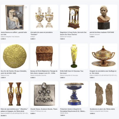 capture d'écran d'objets en vente sur Antikeo