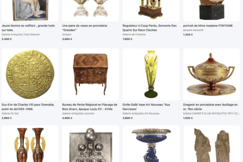 capture d'écran d'objets en vente sur Antikeo