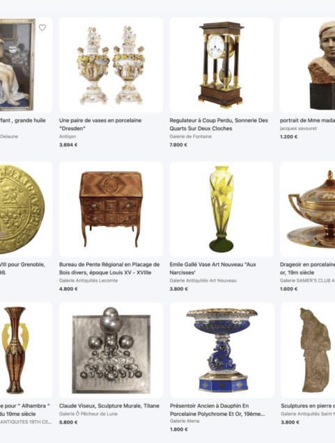 capture d'écran d'objets en vente sur Antikeo