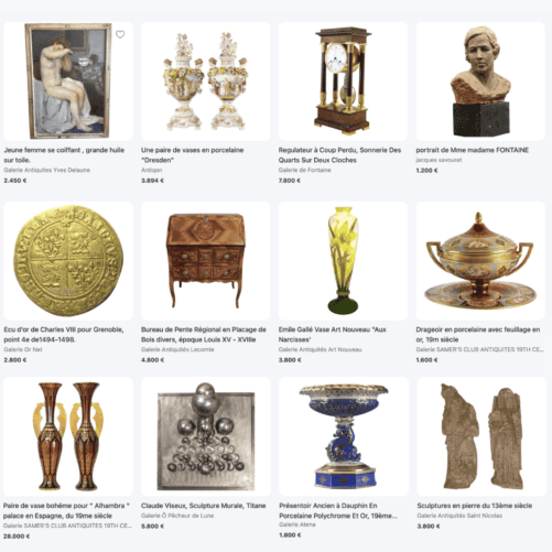 capture d'écran d'objets en vente sur Antikeo