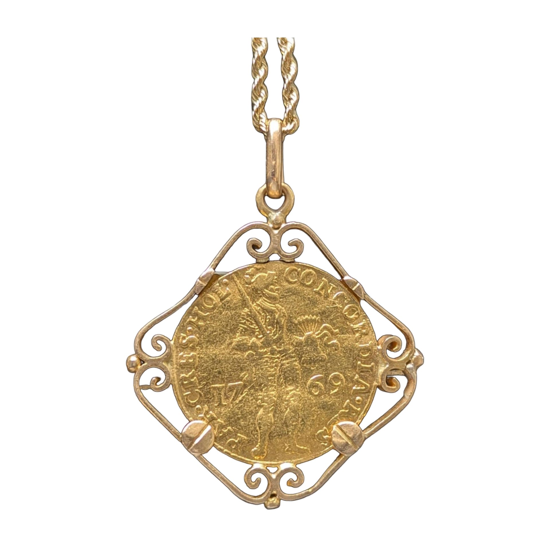 Pendentif Médaille Ancien Plaqué Or – Style Art Déco Avec Motif Monnaie