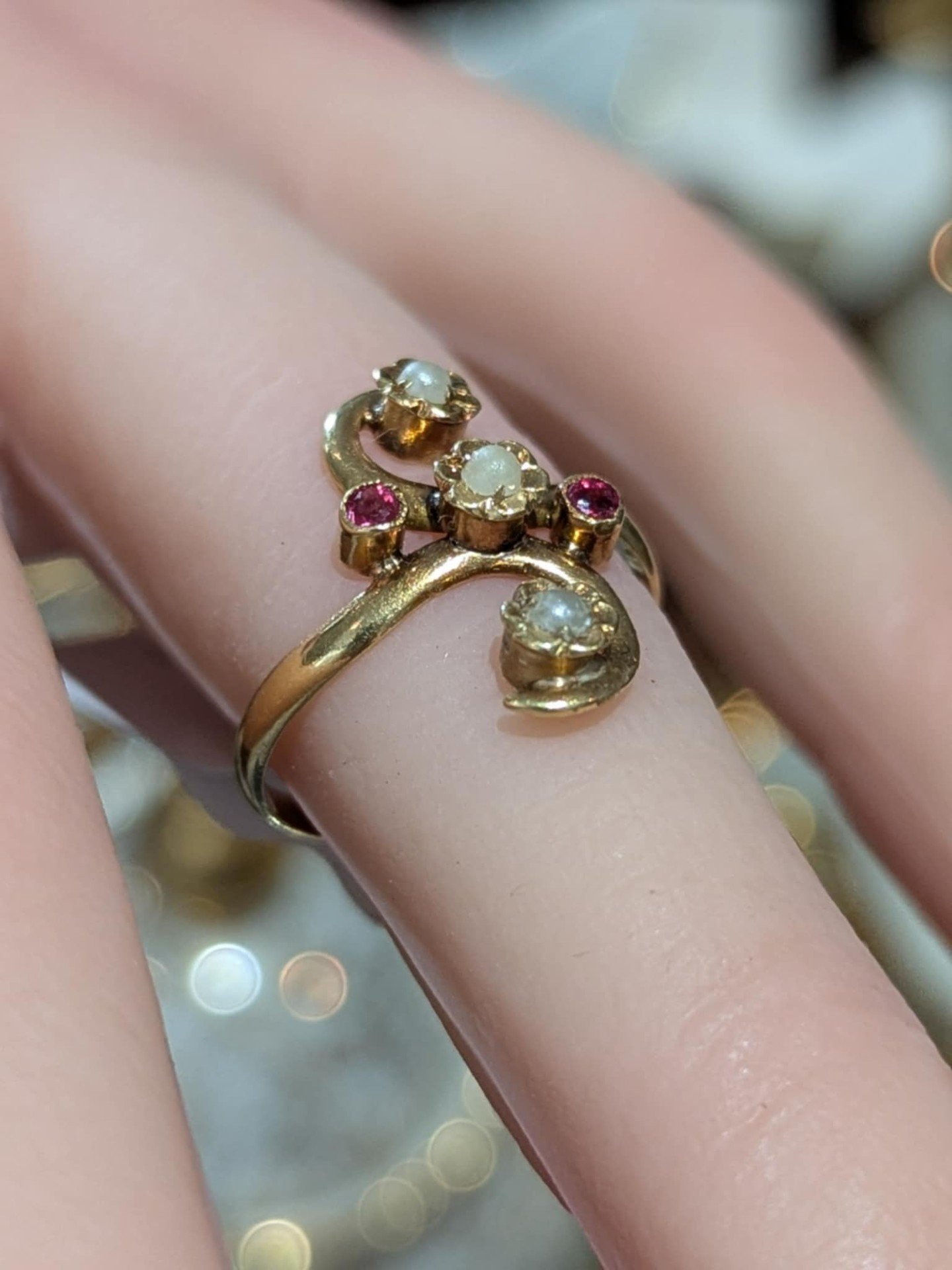 Bague Ancienne Or 18k (circa 1900) - Forme Marquise Avec Perles Et Diamants - Taille 55 - Style Cluster - Bijou Antique