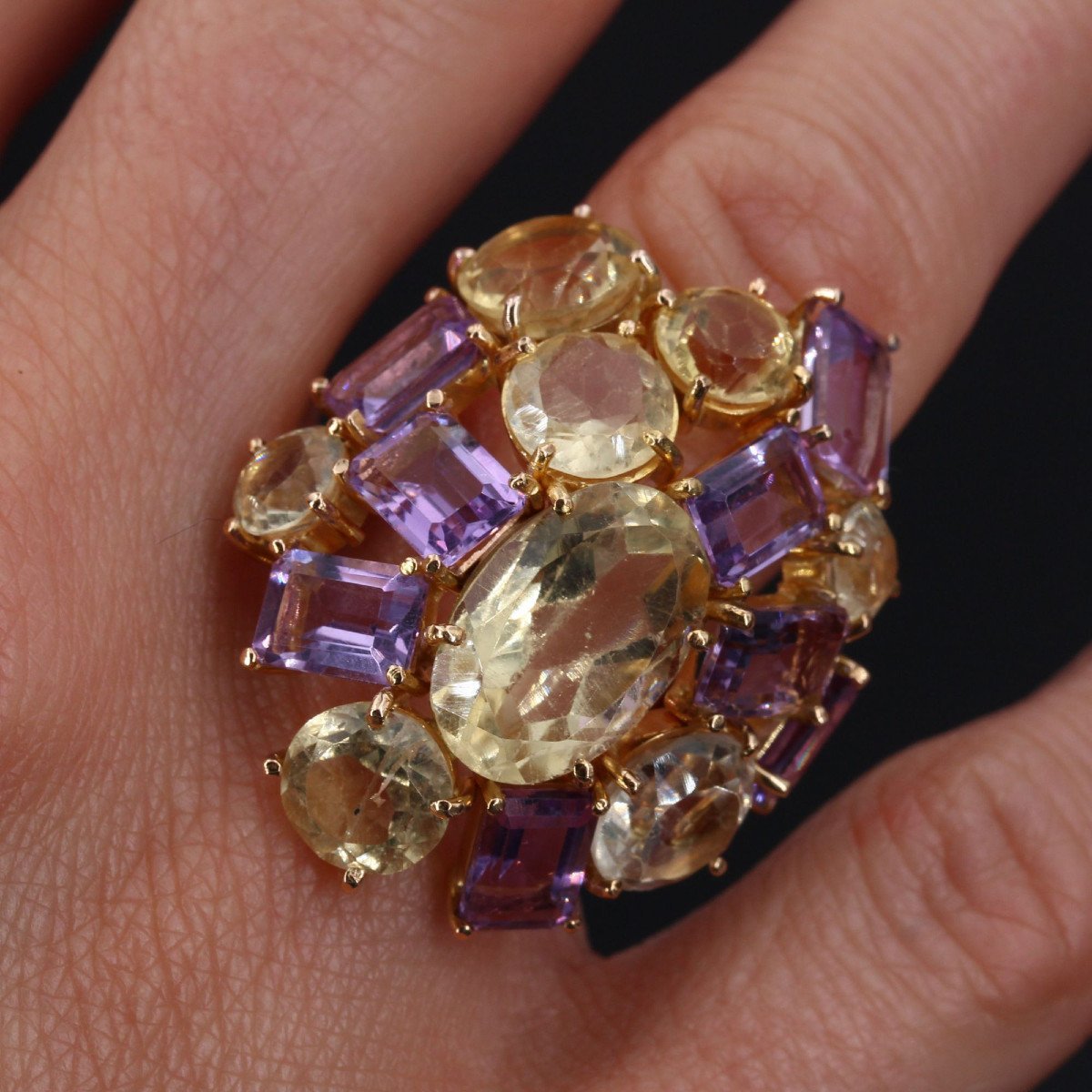 Bague En Argent Avec CITRIN Traité Et AMÉTHYSTE - Taille 19, Forme Princesse/goutte, Pierres Jaune Et Violet, Neuf Sans Boîte