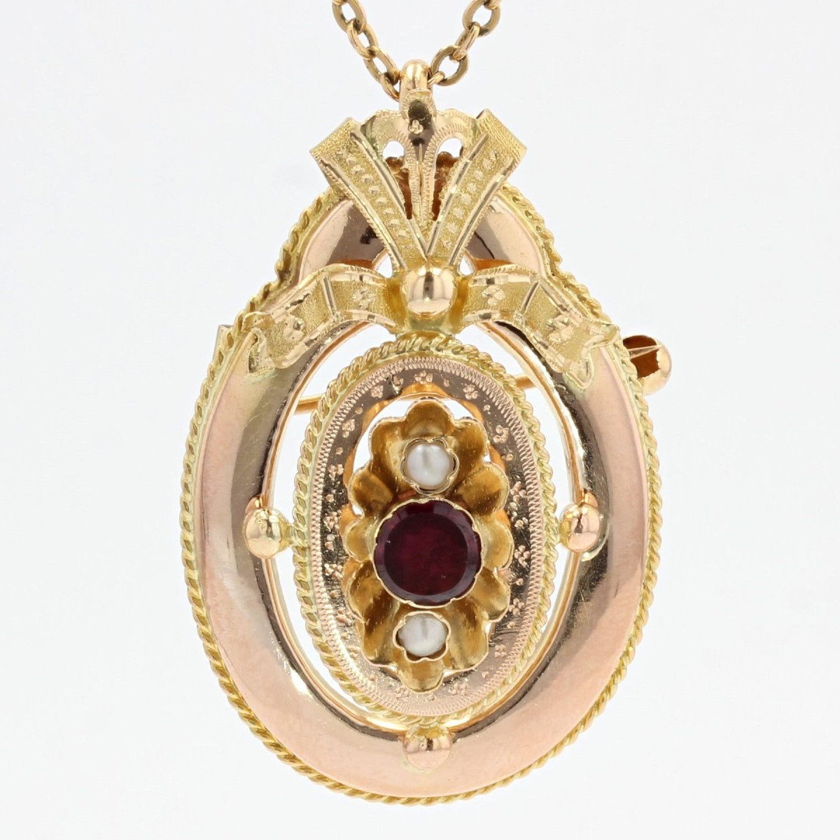 Brooch - Garnet Gold Pendant And Fine Pearls - ... | Antikeo display picture 1