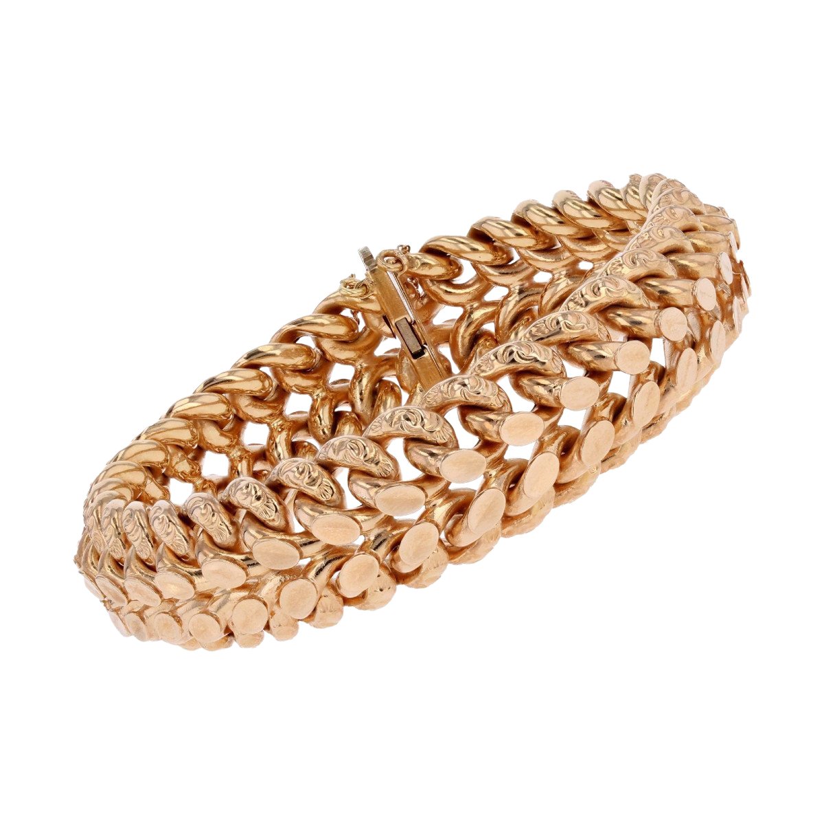 Bracelet Gourmette Vintage Couleur Or Années 1970 - Maillons Décorés, Taille S
