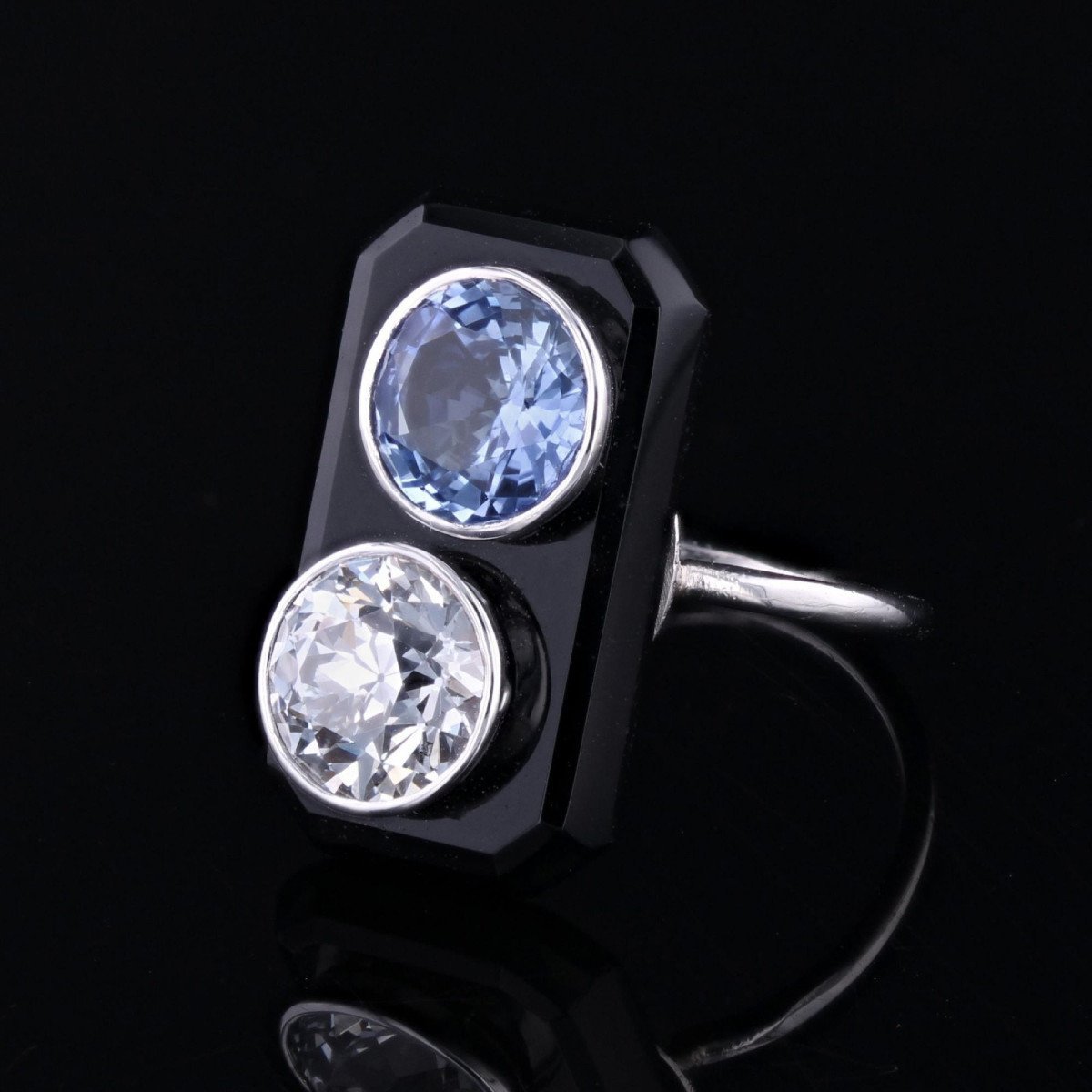 Bague Ancienne Art Déco En Argent 800/1000 Avec Onyx - Taille 56, Occasion, Nettoyée