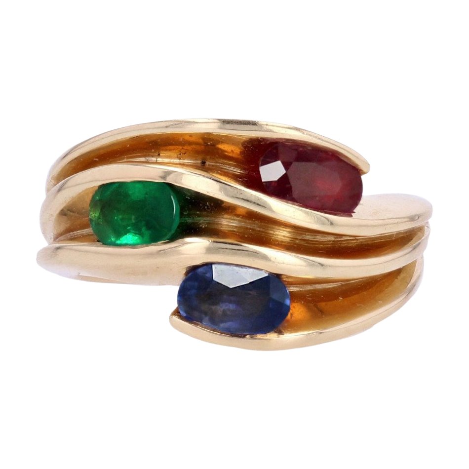 Bague Vintage Or 14 Carats – Saphir, émeraude, Rubis, Diamant Naturel (années 80)