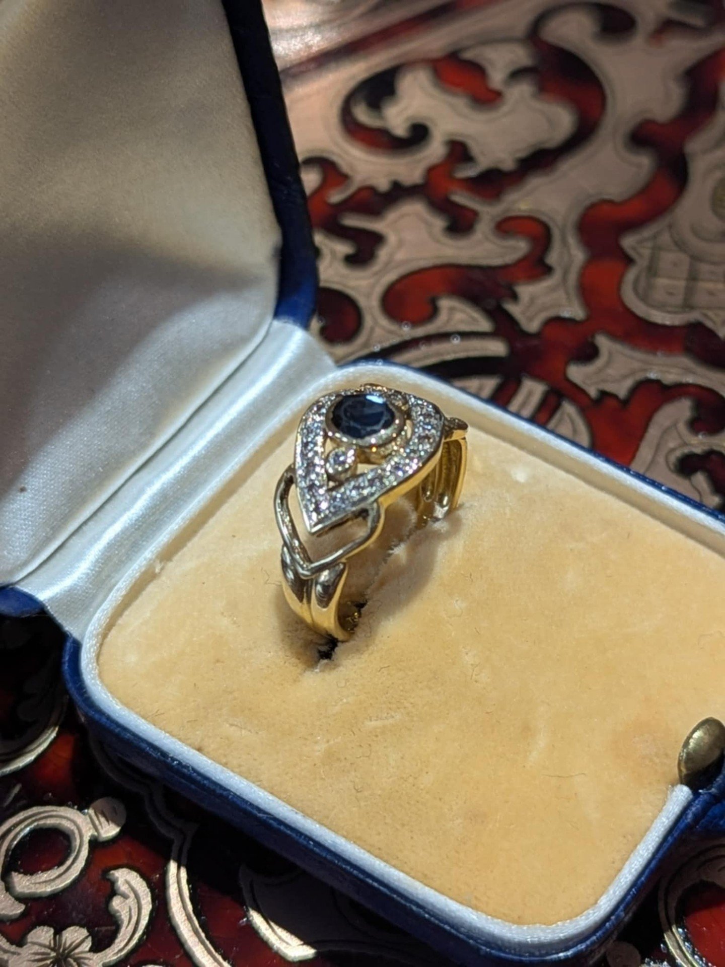 Bague Ancienne Or 18K Et Argent – Saphir Et Rosettes Diamant – Taille 14 IT (6.8 US) – Italie