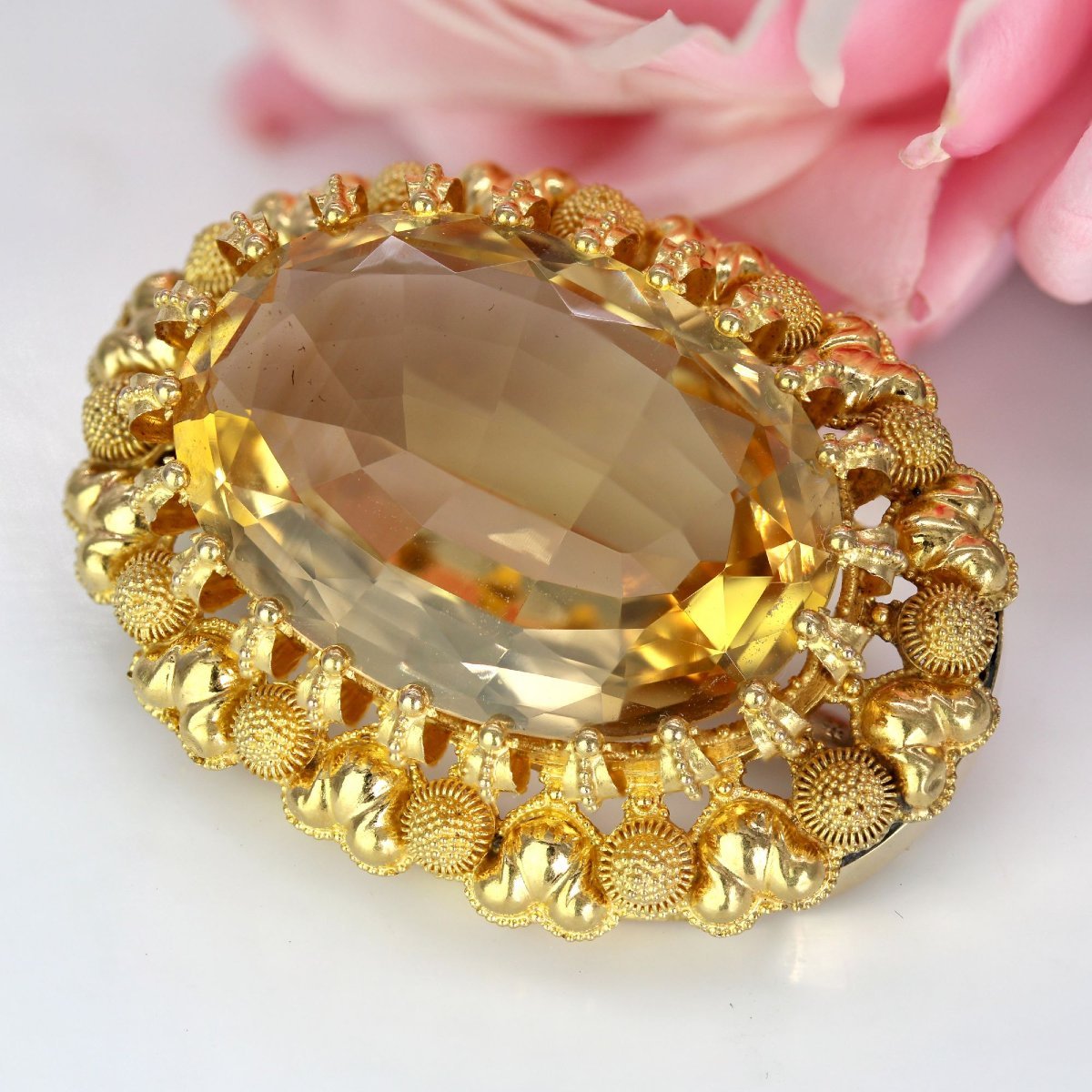 Broche Ancienne Or Et Citrine Fin XIXe Siècle - Bijou Vintage Italien, Pierre Naturelle Non Traitée