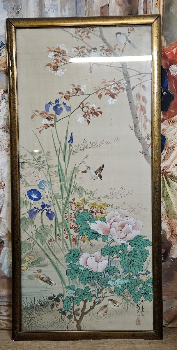 Peinture Originale Aquarelle Sur Soie – Étude Florale – Art Chinois Ou Japonais Ancien