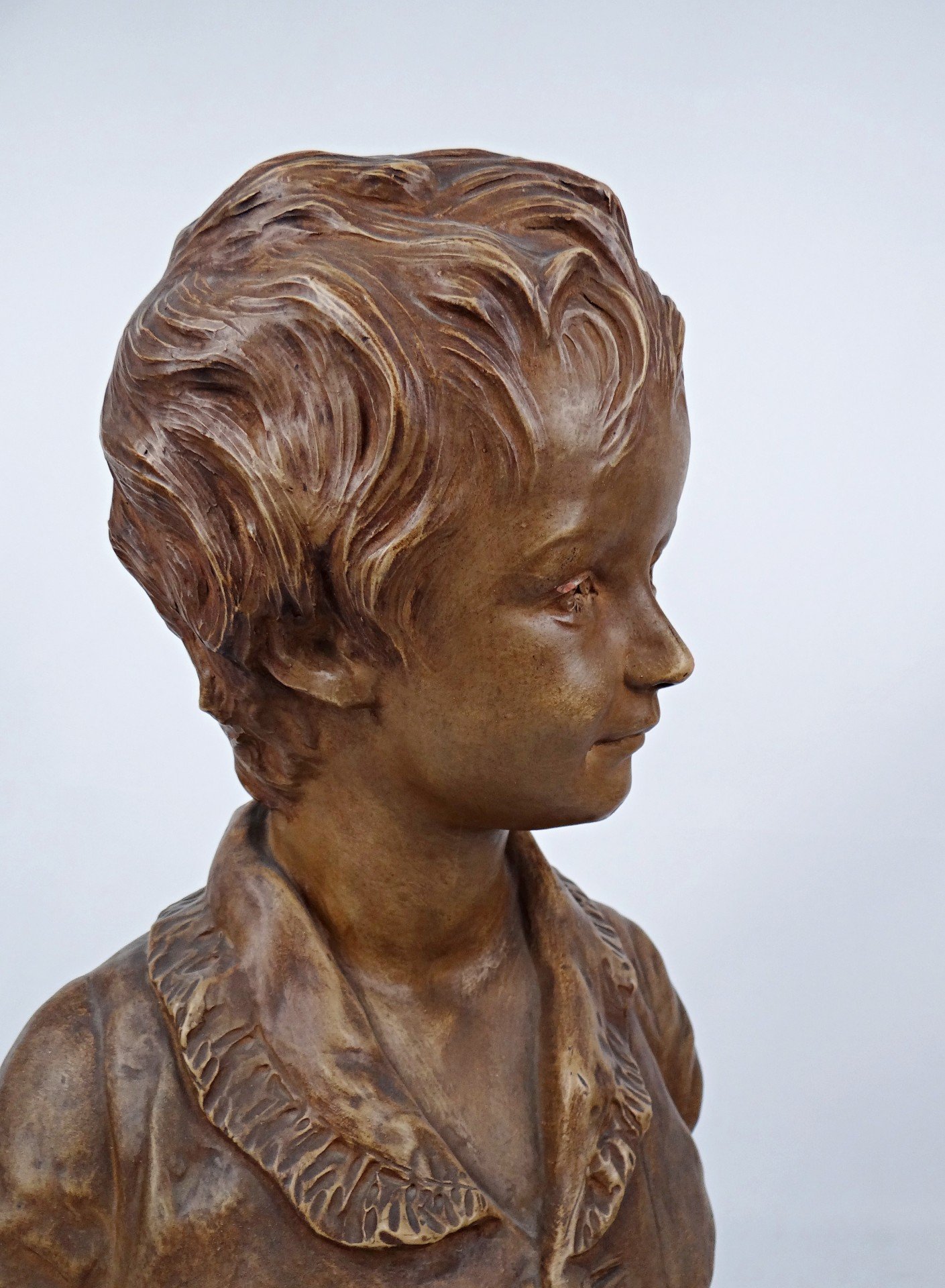 Buste D'enfant En Terre Cuite D'après Pajou - Sculpture Sur Socle Marbre - XIXe Siècle Ou Avant, Bon état