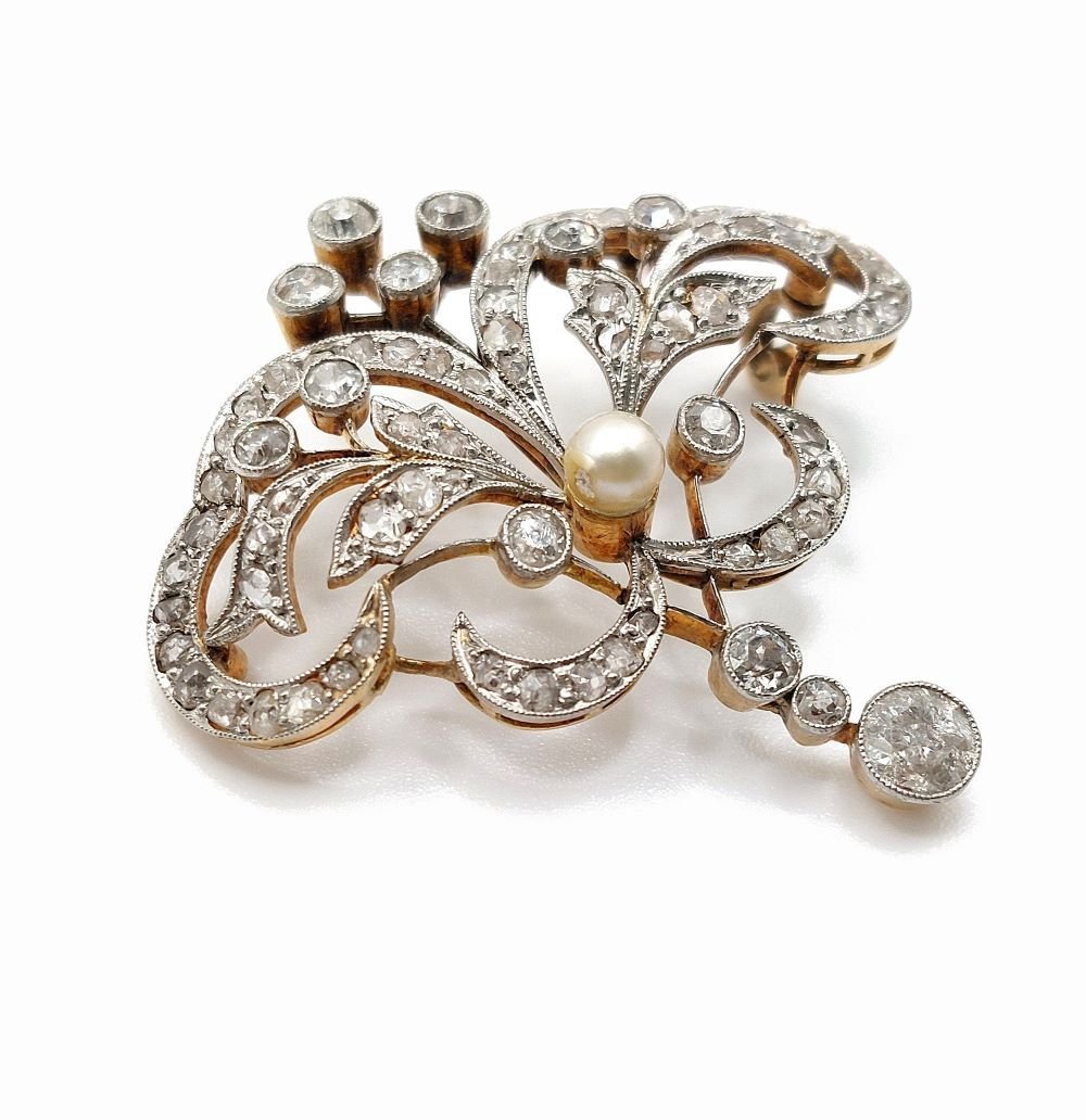 Broche Art Nouveau Transformable En Or 18k Avec Diamants Et Perle - France Début 1900