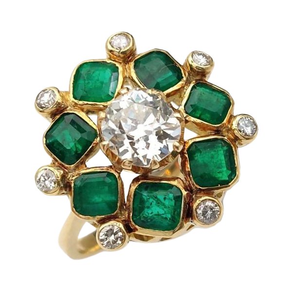 Bague Or Jaune 18K Avec émeraude Et Diamants – XXe Siècle, Occasion