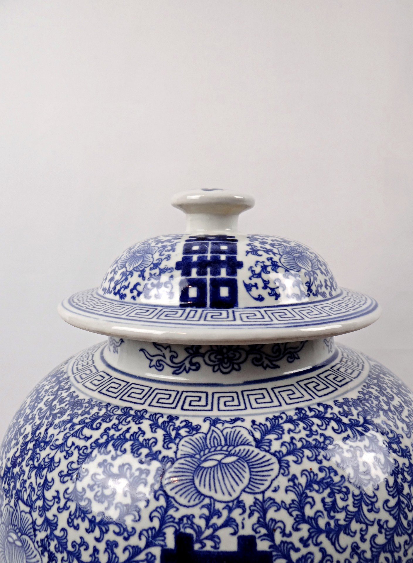 Grand Pot à Gingembre Ancien En Porcelaine De Chine - Motif Bleu Et Blanc - Double Bonheur - 24 Cm