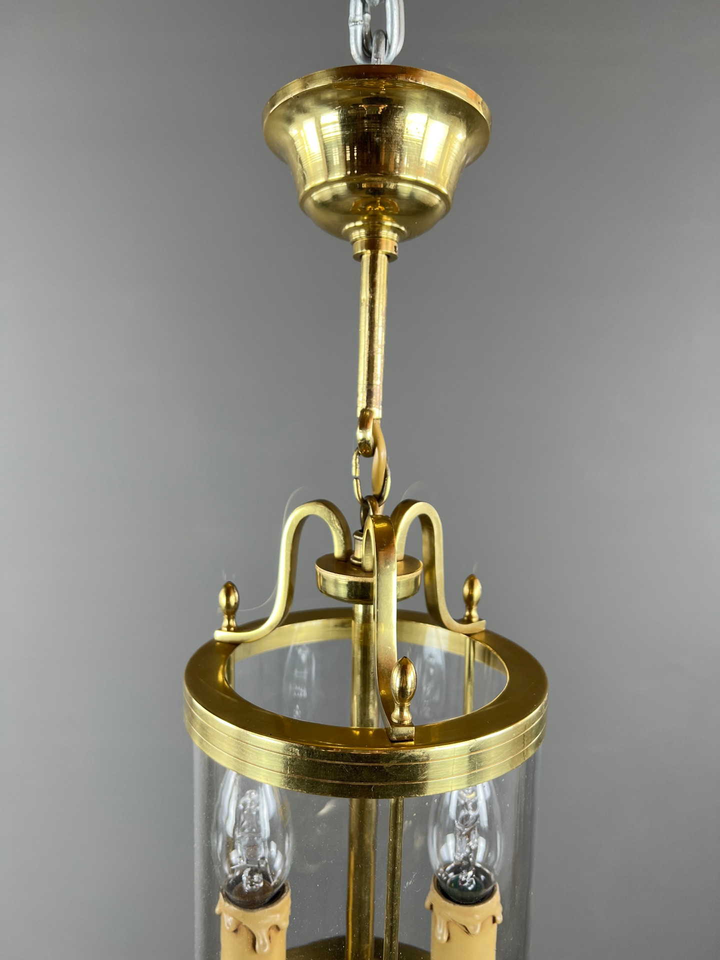 Paire De Lanternes Rondes En Laiton Doré 3 Lumières - XXe Siècle - Vitraux
