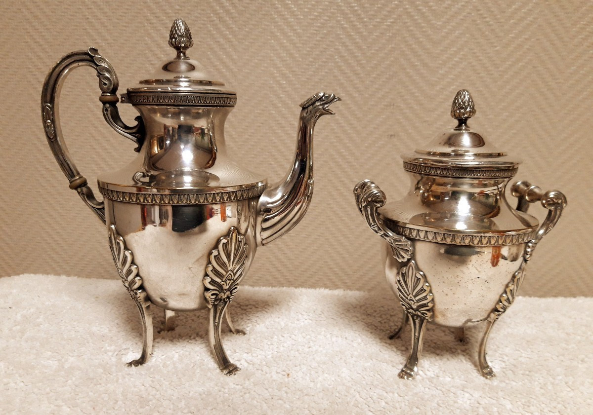 Ancien service petit déjeuner, confiturier, sucrier, boule métal