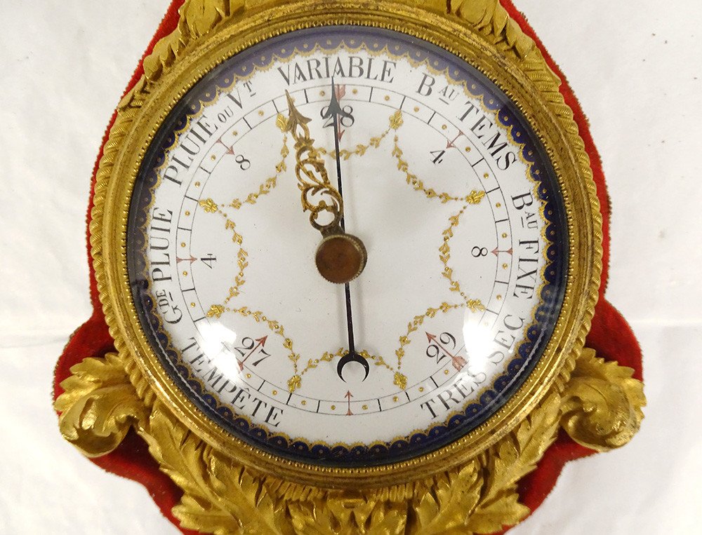 ANCIEN GRAND BAROMETRE THERMOMETRE NAPOLEON III MARQUETERIE BOULE BRONZE  DORE