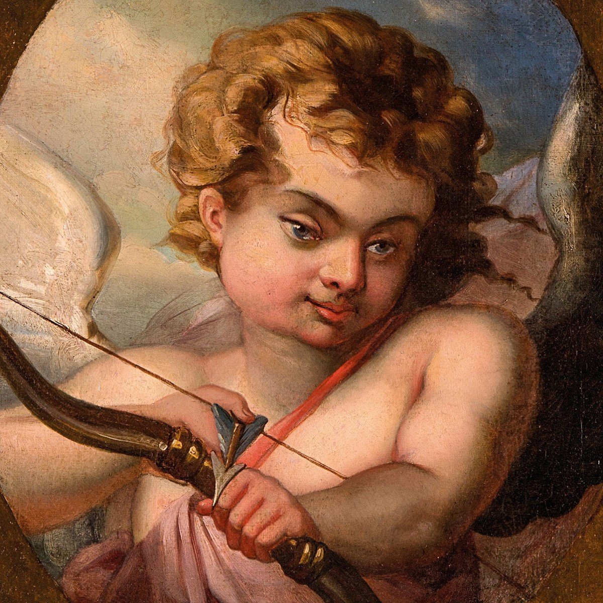 Image of Cupidon (ange avec arc et fleche). Gravure. Estampe populaire  aquarellee