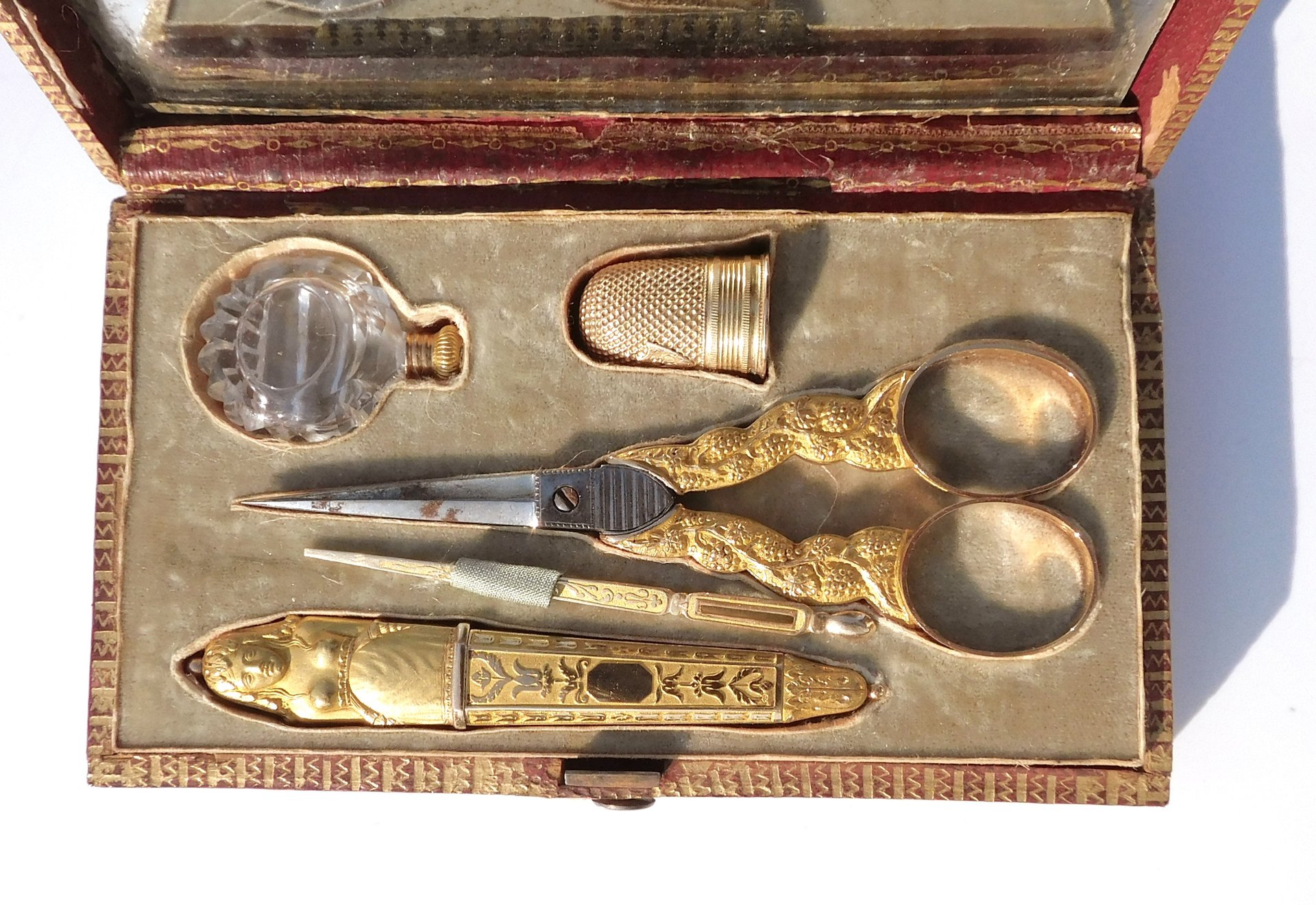 Vintage gold sewing kit with box