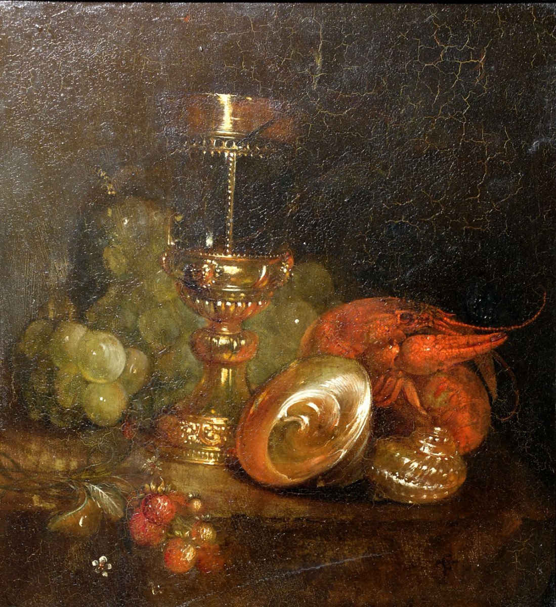 Nature Morte, Ribes et Cuivre, Peinture à l'Huile sur Toile, 19ème Siècle