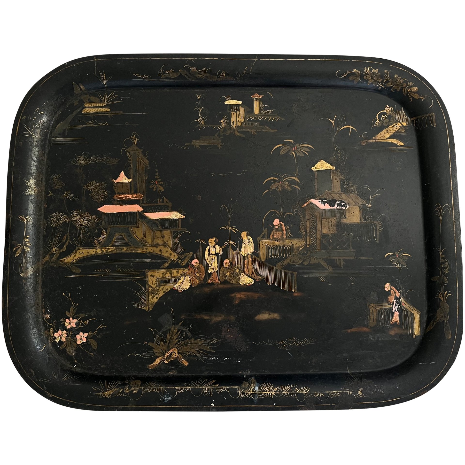 English Chinoiserie Black Lacquer Papiermache Plate - Late 18thC