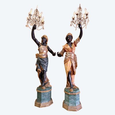 Pair of Moorish Floor Lamps in Italian Polychrome Wood