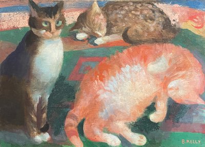Pittura olio su tela XXem, tre gatti, pittrice donna Bernadette Kelly