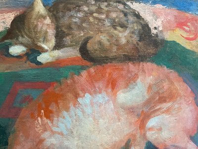Pittura olio su tela XXem, tre gatti, pittrice donna Bernadette Kelly