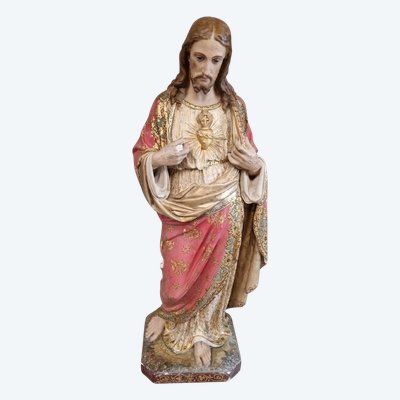 Antique Religious Statue Jesus Sacred Heart Church Sculpture