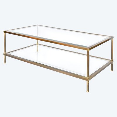 Table basse en laiton doré et deux plateaux en verre biseauté  