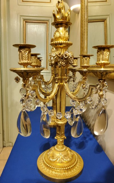 Pair of Candelabras "à la Grecque" Gilded bronzes and crystals signed Eugéne Hazart Paris XIXéme S