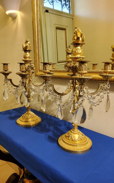 Pair of Candelabras "à la Grecque" Gilded bronzes and crystals signed Eugéne Hazart Paris XIXéme S