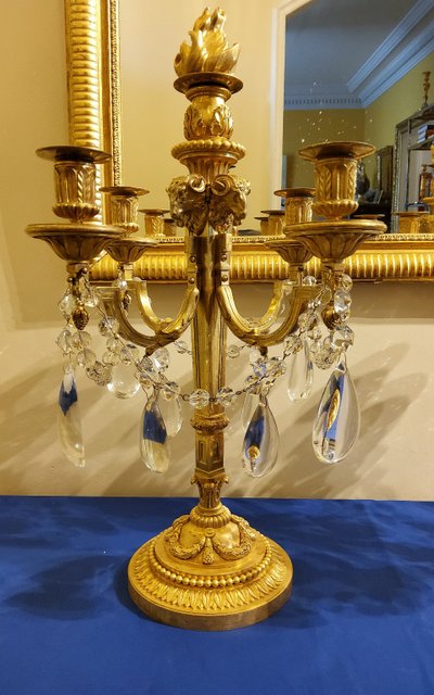 Pair of Candelabras "à la Grecque" Gilded bronzes and crystals signed Eugéne Hazart Paris XIXéme S