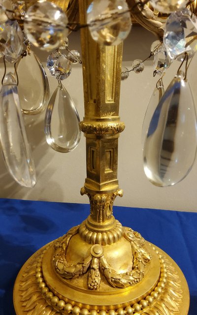 Pair of Candelabras "à la Grecque" Gilded bronzes and crystals signed Eugéne Hazart Paris XIXéme S