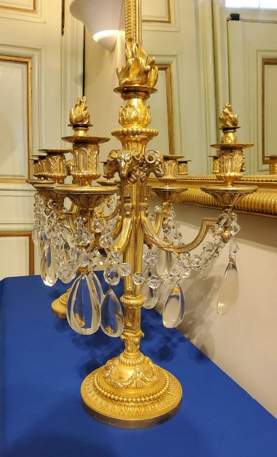 Pair of Candelabras "à la Grecque" Gilded bronzes and crystals signed Eugéne Hazart Paris XIXéme S