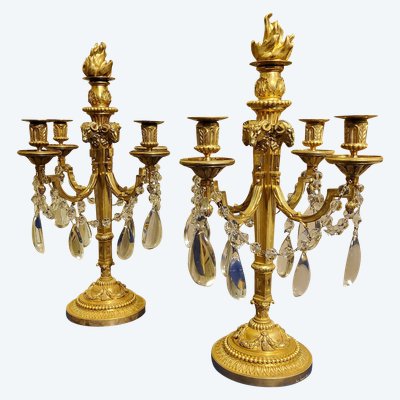 Pair of Candelabras "à la Grecque" Gilded bronzes and crystals signed Eugéne Hazart Paris XIXéme S