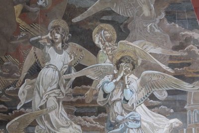 Ancienne peinture à la détrempe Anges croquis pour fresque 19ème siècle. grande qualité. Mes 108 x 84